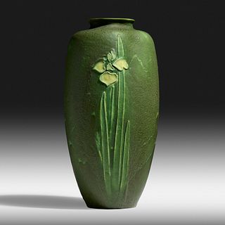 Grueby Faience Company, Rare vase with irises