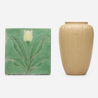 Grueby Faience Company, tulip tile and vase