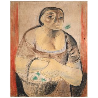 EDUARDO KINGMAN, Mujer con cesta, Signed, Crayon on cardboard, 16.6 x 13.7" (42.4 x 35 cm)