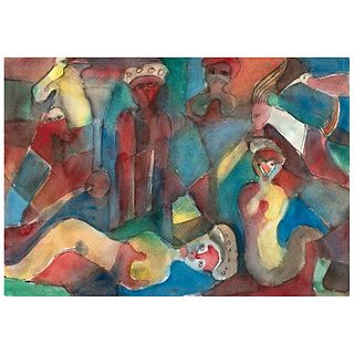 VÍCTOR CHA'CA, Tres mujeres, Signed on back, Watercolor on paper on both sides, 13.5 x 19.6" (34.5 x 50 cm), Document