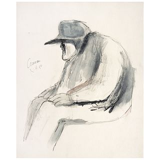 JOSÉ LUIS CUEVAS, Obrero sentado, Signed and dated N.Y. 57, Gouache and ink on paper, 9.8 x 7.4" (25 x 19 cm), Document