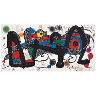 JOAN MIRÓ, Portugal, from the binder Miró Escultor, 1974, Signed on plate, Lithography without print number, 7.6 x 15.6" (19.5 x 39.8 cm)