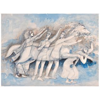 JOSÉ GARCÍA OCEJO, A caballo, Unsigned, Watercolor and nib on cardboard, 14.6 x 19.8" (37.3 x 50.5 cm)