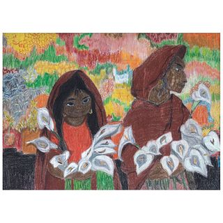 JOSÉ MARÍA SERVÍN, Señora con alcatraces, Unsigned, Pastels on paper, 19.6 x 27.1" (50 x 69 cm)