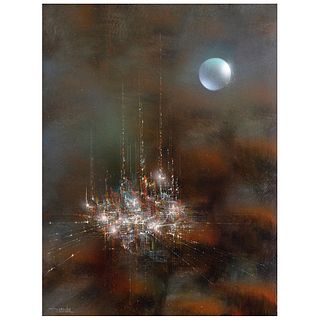 LEONARDO NIERMAN, Enchanted city, Signed, Acrylic on masonite, 31.4 x 23.6" (80 x 60 cm)