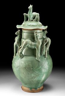China Song Dynasty Celadon Glazed Rice Jar - Horses, TL