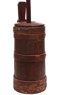A 19TH C. SHAKER TYPE PIGGIN CHURN IN OLD RED PAINT