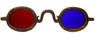 A 19THC GILDED WOOD OPTOMETRIST SIGN WITH COLORED LENS