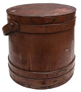 A LARGE 19TH C. FIRKIN IN OLD DARKENED SALMON PAINT