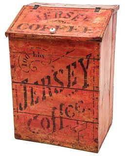 A PAINTED SLANT TOP JERSEY COFFEE ADVERTISING STORE BIN