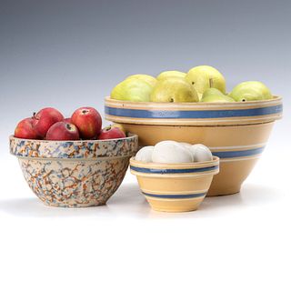 SPONGE DECORATED AND YELLOW WARE MIXING BOWLS