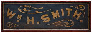 A 19THC SANDED BLUE GROUND WOOD SIGN WITH GILT LETTERS