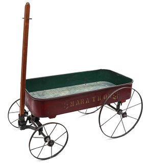 A PAINTED SHEET IRON AND WOOD CHILD'S WAGON CIRCA 1890
