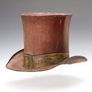 A LARGE RED 19TH C. TOLE PAINTED TOP HAT TRADE SIGN