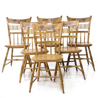 A SET OF SIX PAINT DECORATED THUMB BACK WINDSOR CHAIRS