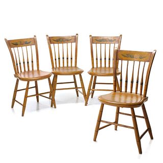 FOUR 19TH C. PAINT DECORATED WINDSOR THUMB BACK CHAIRS