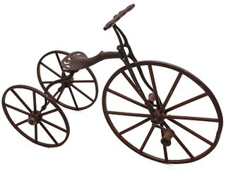 AN EARLY PATENTED 1876 WOOD WHEEL AND IRON TRICYCLE