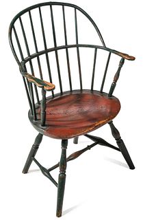 A 18C SACK BACK WINDSOR CHAIR IN GREEN WITH BITTERSWEET