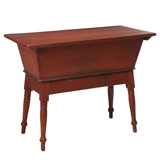 A 19TH C. NEW ENGLAND PINE DOUGH BOX IN OLD RED STAIN