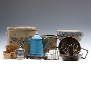 A COLLECTION OF STONEWARE, GRANITE WARE, TIN AND PEWTER