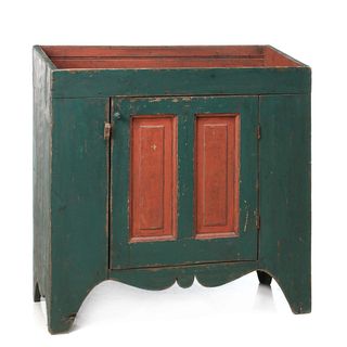 A NEW ENGLAND DRY SINK IN GREEN PAINT WITH BITTERSWEET