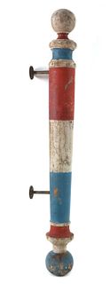 A RED, WHITE AND BLUE 19TH C. WALL MOUNT BARBER POLE