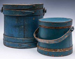 TWO 19TH CENTURY FIRKINS IN OLD BLUE MILK PAINT
