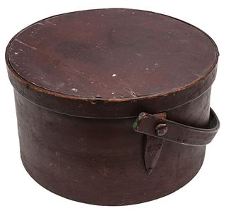 A 19TH C. BENTWOOD BOX WITH HANDLE IN OLD BURNT UMBER