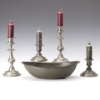 A CIRCA 1800 OVAL PEWTER BOWL WITH PUSH-UP CANDLESTICKS