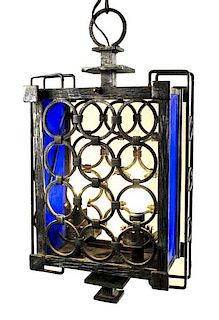 Machine Age Iron & Blue Lucite Hanging Lantern