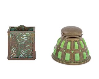A Tiffany Studios Patinated Bronze and Glass Inkwell and a Pine Needle Pattern Card Holder
