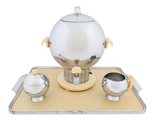 A Chase Modernist Chrome and Bakelite Coronet Coffee Urn Service
Height of urn 12  x width over handles 10 inches; dimensions of tray 12 x length over