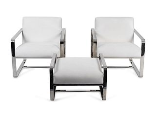 A Pair of Mitchell Gold Chromed Armchairs and Ottoman
Chair, Height 29 1/2 x width 28 x depth 33 1/2 inches.