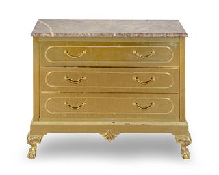 A Hollywood Regency Style Brass Clad Marble Top Chest of Drawers