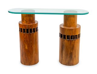 A Contemporary Carved Wood and Glass Top Console Table
