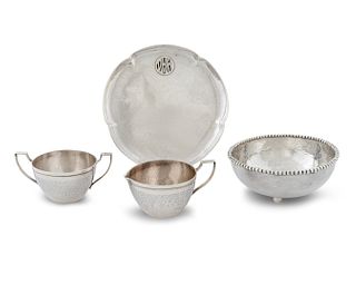 Four American Hand Wrought Silver Articles
Diameter of tray, 7 1/4 inches.
