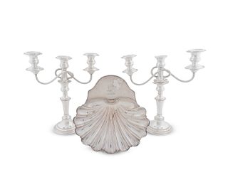 A Pair of Silver on Copper Two Light Candelabra and a Shell-form Serving Dish
Height  of candelabra, 12 7/8 inches.