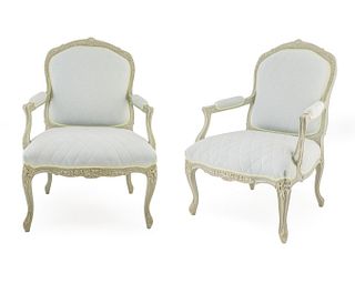 A Pair of Louis XV Style Painted Fauteuils a la Reine
Height 40 1/2 x width 29 x depth 23 inches.