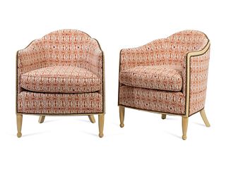 A Pair of Louis XVI Style White-Painted Upholstered Bergeres