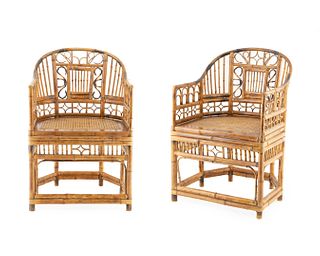 A Victorian Style Pair of Scorched Bamboo Open Armchairs
Height 33 1/2 x width 22 inches.
