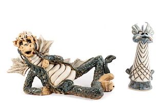 Two American School Whimsical Ceramic Dragons