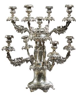 Unusual Large Ornate Silver Plate Nine Light Candelabra Centerpiece, c. 1890, the removable center candlestick replaceable for a bowl, surrounded by 8