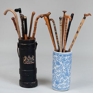 Chinese Blue and White Porcelain Umbrella Stand, an English Leather Artillery Case and a Group of Fifteen Walking Sticks