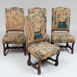 Four Louis XIV Walnut and Needlework Upholstered Side Chairs