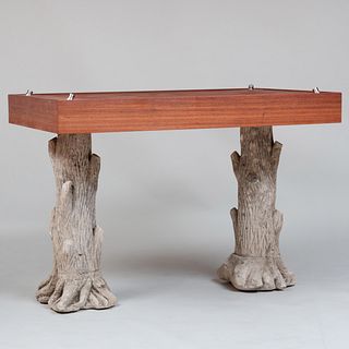 Modern Faux Bois Cast Concrete and Mahogany Center Table