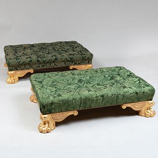 Near Pair of Large Giltwood and Tufted Damask Upholstered Ottomans