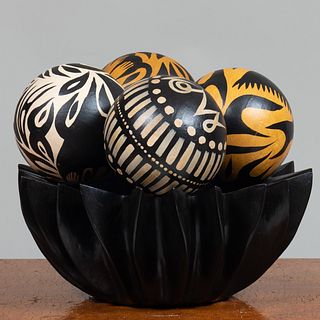 Modern Carved Ebony Wood Bowl and Group of Papier MÃ¢chÃ© Spheres
