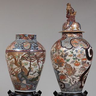 Two Similar Japanese Imari Porcelain Vases and Covers