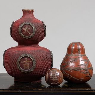 Japanese Metal-Mounted Cinnabar Lacquer Double Gourd Vase and Two Metal-Mounted Gourds