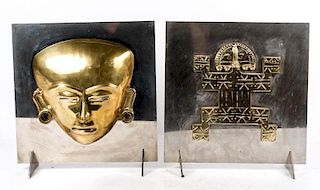Pair, Modern Chrome & Brass Incan Motif Sculptures